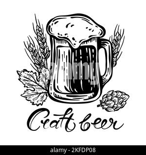 BIERKRUG HOPFEN WEIZEN Tasty Drink in Becher mit Schaum und Ohren von Weizen handgeschriebener Text Craft Bier Handgezeichnet Monochrom Skizze Cartoon Vektor Illustration Stock Vektor
