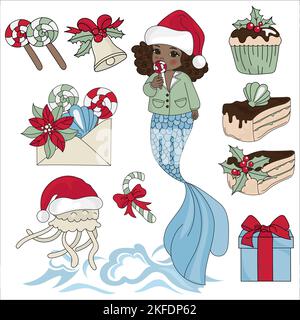 BLACK MERMAID Cartoon New Year Frohe Weihnachten Winter Urlaub Vektor Illustration Set für Print Stock Vektor