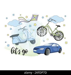 BLYTHE TRANSPORT Kinder Puppe Cartoon Vektor Illustration Set für Print Stock Vektor