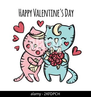 BLUMENSTRAUSS FÜR CAT gibt Geliebte Kitty, die huddles schöne Katze Junge Tag der Liebenden Valentine Cartoon Tiere Hand gezeichnet Clip Art Vektor Illustration für Stock Vektor