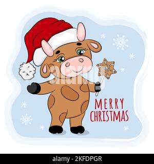 BULL 2021 MIT WEIHNACHTEN LEBKUCHEN Neujahr Frohe Weihnachten Cartoon Holiday Hand gezeichnet Niedlichen Tier Vektor Illustration Set für Print Stock Vektor