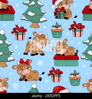 STIER UND WEIHNACHTSBAUM Neujahr Frohe Weihnachten Cartoon Urlaub Hand gezeichnet Cute Animal Nahtloses Muster Vektor-Illustration für Print Stock Vektor