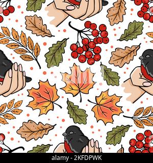GIMPEL IN DEN HÄNDEN Herbst Herbst Natur Jahreszeit Wald Vogel Blumen Cartoon Nahtloses Muster Vektor Illustration für Print Stock Vektor