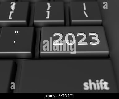 Nummer 2023 auf einer Computertastatur. Neujahrsbild auf einem Computerschlüssel Enter. 3D Rendring Stockfoto