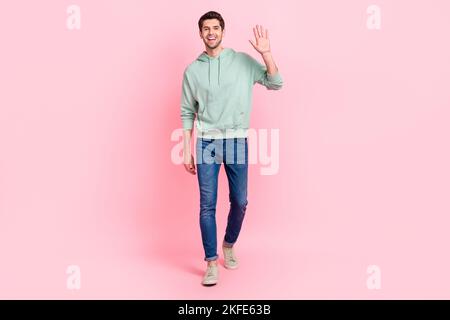 In voller Länge Foto von zufriedenen Mann gekleidet grau Denim Kleidung heben Arm sagen, hallo freuen treffen engen Freund isoliert auf rosa Hintergrund Stockfoto