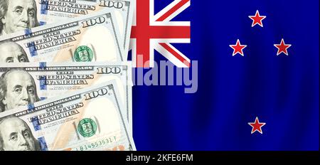 Dollar auf der Flagge von Neuseeland, Neuseeland Finanzen, Subventionen, soziale Unterstützung, BIP-Konzept Stockfoto