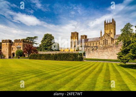 Die prächtige Kathedrale und das Bishop's Palace Torhaus sahen über den Krocketrasen in Wells, Somerset, England, Großbritannien Stockfoto