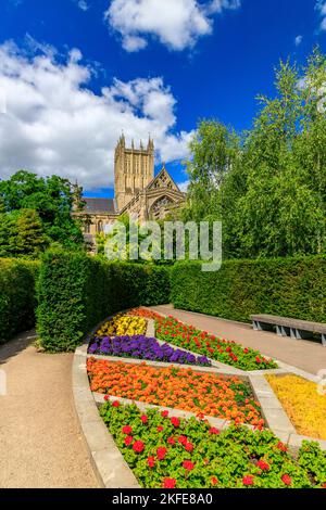 Eine bunte krautige Grenze in Bischof Peter Garten in einer Ecke des Bischofspalastes erdet in Wells, Somerset, England, UK Stockfoto