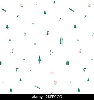 Nahtlose Vektor-Muster mit niedlichen Weihnachtsbäumen, Geschenk, Süßigkeiten Stöcke, Socken, Weihnachtsblatt, Handschuh auf weißem Hintergrund. Musterdarstellung im Minimalwagen Stock Vektor
