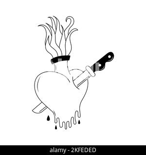 Flammendes Herz-Tattoo im stil Y2K, 1990s, 2000s. EMO Goth Element Design. Old School Tattoo. Vektorgrafik. Stock Vektor