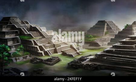 Blick Auf Die Antike Maya-Stadt, Tempelzeichnung, Illustration. Stockfoto