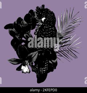 Graphic Bird of Paradise. Tropisches Bouquet. Schwarze Kakadus, Palmblätter, Cymbidium und Orchideen. Realistische Illustration. Stockfoto