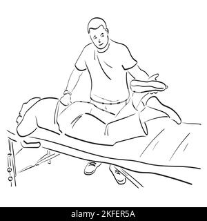 Männlicher Physiotherapeut massiert und knetet ein Bein des Patienten bietet medizinische Versorgung Illustration Vektor Hand isoliert auf weißem Hintergrund Linie ar gezeichnet Stock Vektor