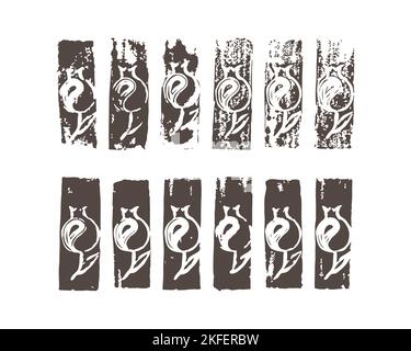 Granatapfel-Stempeldruck im Vintage-Stil, handgezeichnet, isoliert, weißer Hintergrund. Vektorgrafik Stock Vektor