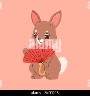 Frohes chinesisches Neujahr Grußkarte 2023 mit niedlichem Kaninchen mit rotem und goldenem Fächer. 2023 CNY-Karte. Vektor Stock Vektor