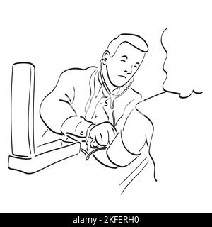 Arzt, der das Sphygmomanometer mit Stethoskop verwendet, um den Blutdruck an einen Vektor mit Illustration des Patienten zu messen, der von Hand auf weißem Hintergrund gezeichnet wurde, Linie A Stock Vektor
