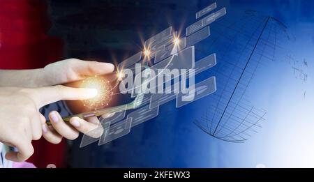 Konzept von progressiver Arbeit, erfolgreichen Projekten und kontinuierlicher Entwicklung. Stockfoto