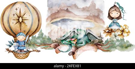 Ritter, Drache und Schloss Aquarell Illustration. Fabelhafte mystische Geschichte eines Ritters. Ballon Prinzessin, Pferd und Drachen Sieg. Landschaftsdesign Stockfoto