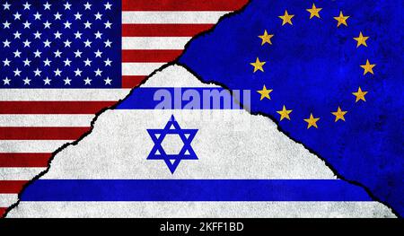 Die USA, die Europäische Union (EU) und Israel flaggen gemeinsam an der Wand. Diplomatische Beziehungen zwischen den Vereinigten Staaten von Amerika, Israel und der EU Stockfoto
