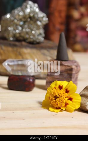 Gelbe Blumen auf versteinerten Holz mit Steinkristallen und Weihrauch Cone Shallow DOF Stockfoto