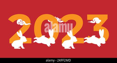 2023 Frohes Chinesisches Neujahr. Frohes Chinesisches Mondjahr 2023. Jahr der Kaninchen. Satz weißer Kaninchen-Symbole. Vektorgrafik. Stock Vektor