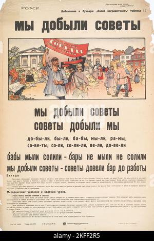 Wir haben Soviety, Down with Analphabeacy, Nr. II, 1921. [Herausgeber: Gosudarstvennoe Izd.; Ort: Moskau] Weitere Titel: My dobyli Sovety. (Doloi negramotnost'. Nr. II) Stockfoto