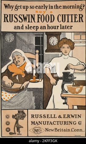 Warum so früh aufstehen [..] Kaufen Sie einen Russwiner Lebensmittelschneider [..], c1895 - 1917. Stockfoto