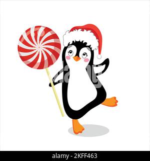 Pinguin im Neujahrshut und mit einem Lutscher in den Händen, auf weißem Hintergrund Stock Vektor