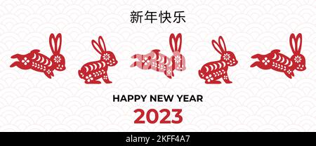 Übersetzung: 2023 Frohes Chinesisches Neujahr. Chinesisches Mondjahr 2023. Rote Kaninchen. Jahr des Hasen. Vektorgrafik. Stock Vektor