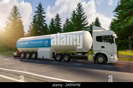 Wasserstoff-LKW auf der Straße fahren. H2 Verbrennungs-LKW-Motor für emissionsfreien Ökostrom-Gastransport. Stockfoto