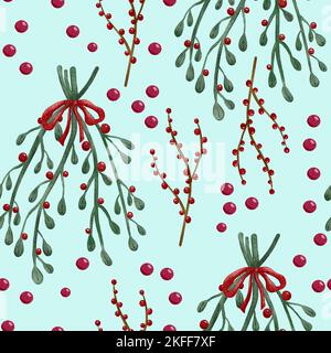 Mistel und Beeren Weihnachtsdekoration nahtloses Muster Stockfoto