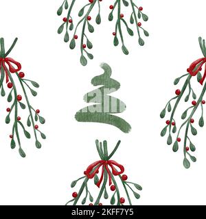 Mistel und Beeren Weihnachtsdekoration nahtloses Muster Stockfoto