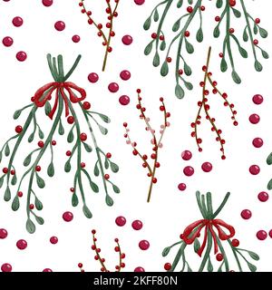 Mistel und Beeren Weihnachtsdekoration nahtloses Muster Stockfoto