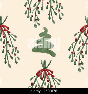 Mistel und Beeren Weihnachtsdekoration nahtloses Muster Stockfoto