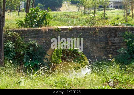 Nahaufnahme einer alten Steinbrücke in einem Park in Nanning, Guangxi, China Stockfoto