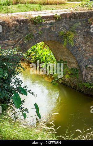 Nahaufnahme einer alten Steinbrücke in einem Park in Nanning, Guangxi, China Stockfoto