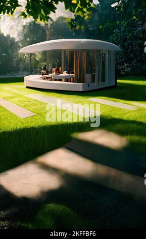 Eine 3D gerendert zeitgenössischen Pavillon auf grüner Wiese im Garten Stockfoto