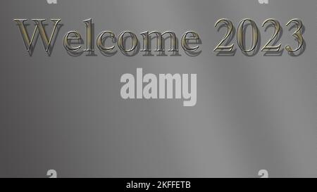 Hintergrund aus gebürstetem Chrommetall mit Silvester- und Silvester-Schriftzug Stockfoto