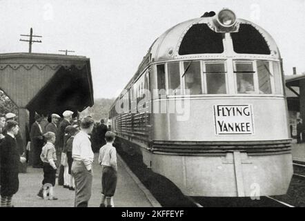 Februar 1938 Werbung für elektrische Züge von General Electric, in der der fliegende Yankee dargestellt wird. Stockfoto