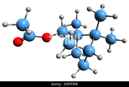 3D Bild der Skelettformel von Bornylacetat - molekularchemische Struktur des Acetatesters von Borneol, isoliert auf weißem Hintergrund Stockfoto