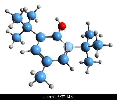 3D Bild der Skelettformel des butylierten Hydroxytoluols - molekularchemische Struktur von Dibutylhydroxytoluol auf weißem Hintergrund isoliert Stockfoto