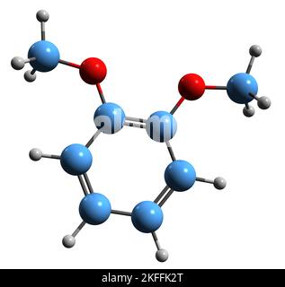 3D Bild der Skelettformel der Veratrole - molekularchemische Struktur von Dimethoxybenzol auf weißem Hintergrund isoliert Stockfoto