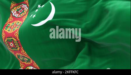 Nahaufnahme der wehenden Turkmenistan-Nationalflagge. Turkmenistan ist ein Staat in Zentralasien. Texturierter Hintergrund aus Stoff. Selektiver Fokus. Stockfoto