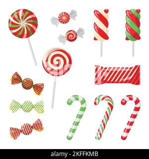 Eine Reihe von verschiedenen Arten von Süßigkeiten für Weihnachten und Neujahr. Lutscher Stock Vektor