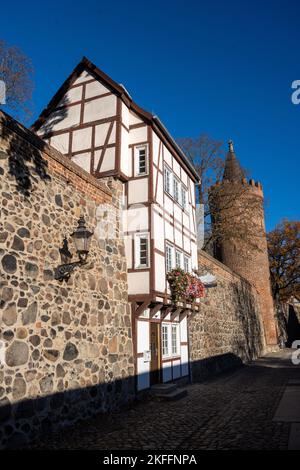 18. November 2022, Mecklenburg-Vorpommern, Neubrandenburg: Wie Schwalbennester "hängt" das historische Wiekhäuser an der 2,3 Kilometer langen mittelalterlichen Stadtmauer in Neubrandenburg. Ursprünglich in Abständen von 30 bis 50 Metern in die gut sieben Meter hohe Stadtmauer eingefügt, dienten die 56 dreistöckigen Gebäude einst der Verteidigung der Stadt gegen Eindringlinge. Die Angreifer wurden vom oberen Stockwerk aus bekämpft, während Waffen und Feuerbekämpfungswerkzeuge darunter gelagert wurden. Während des Zweiten Weltkriegs wurden die meisten Häuser zerstört. Mehr als 20 Wiekhäuser sind in der Stadtmauer erhalten und sind pro Stockfoto