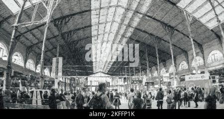 Schwarz-weiß handgezeichnetes abstraktes Gemälde auf Leinwand mit Farbtextur von Ultra-Weitwinkel-Ansicht der Gruppe von Touristen mit Gepäck auf dem großen Gare du Nord Stockfoto