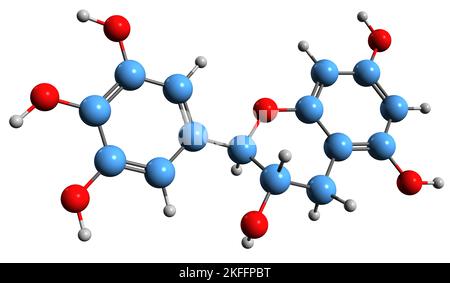 3D Aufnahme der Skelettformel von Gallocatechin - molekulare chemische Struktur von Gallocatechol isoliert auf weißem Hintergrund Stockfoto