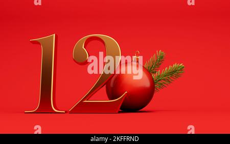 Die 12 Tage weihnachten. 12. Tage festlicher Hintergrund Gold Schriftzug mit Kugel. 3D Rendering Stockfoto