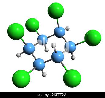 3D Bild der Hexachlorocyclohexan-Skelettformel - molekularchemische Struktur polyhalogenierter organischer Verbindungen, isoliert auf weißem Hintergrund Stockfoto