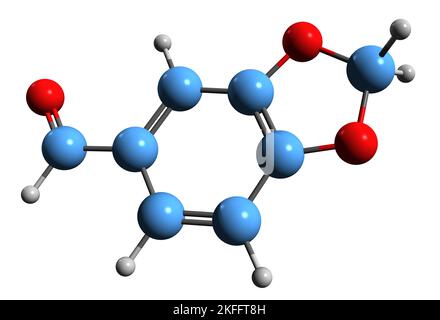 3D Bild der Piperonalen Skelettformel - molekulare chemische Struktur von Heliotopin isoliert auf weißem Hintergrund Stockfoto